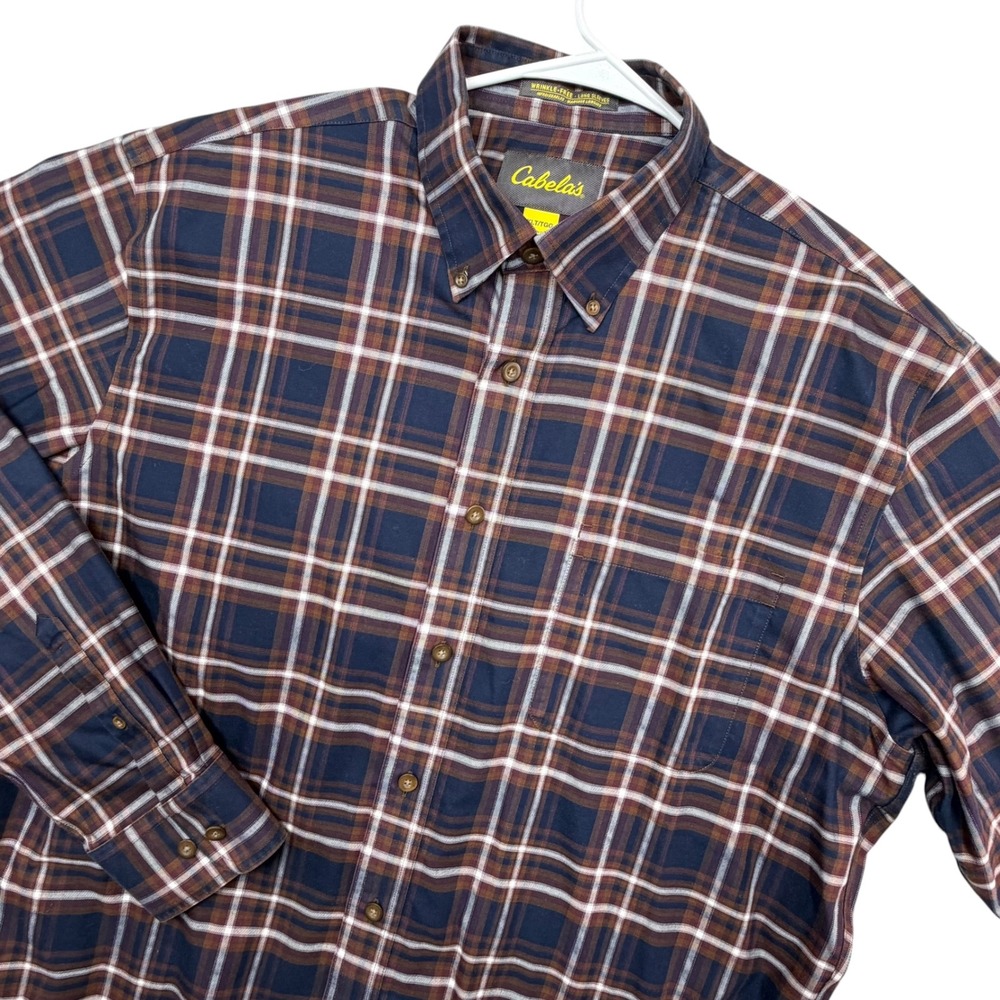 Cabela's Button Down Shirt Men XLT Blue Brown Plaid Wrinkle Free Long Sleeve